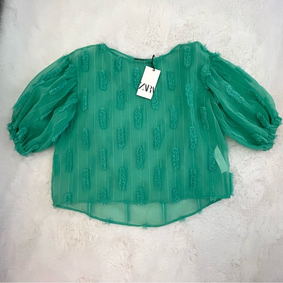 NWT Zara Sheer Puff Sleeve Spearmint Green Fringe Textured Blouse - Picture 7 of 12